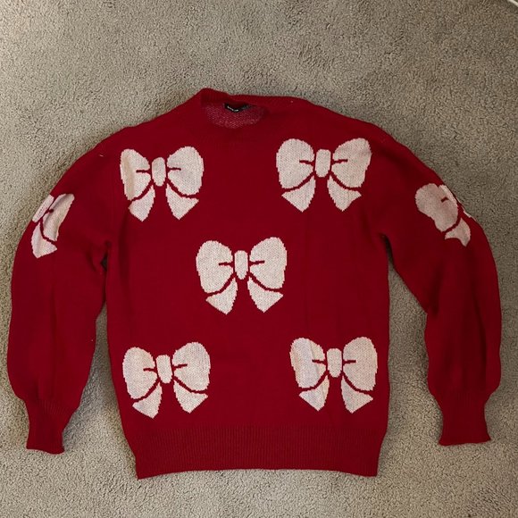 SHEIN | Warm Vibrant Red *Holiday Sweater* w/ White Bows | Slight Balloon Sleeve - Picture 2 of 11